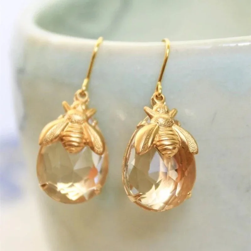 Fashion Earrings Bumblebee Pendant Charm Mom Earrings Crystal Clear Glass Insect Bee Women's Jewelry