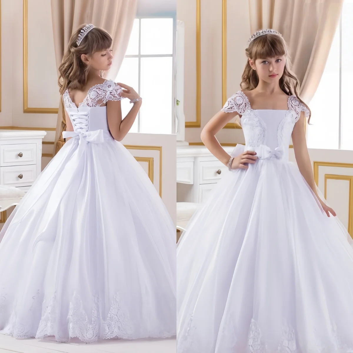 2025 Mop The Floor Tutu Ball Gown Lace Bow Tie Gorgeous Flower Girl Dresses For Formal Parties Receptions Dance Performances