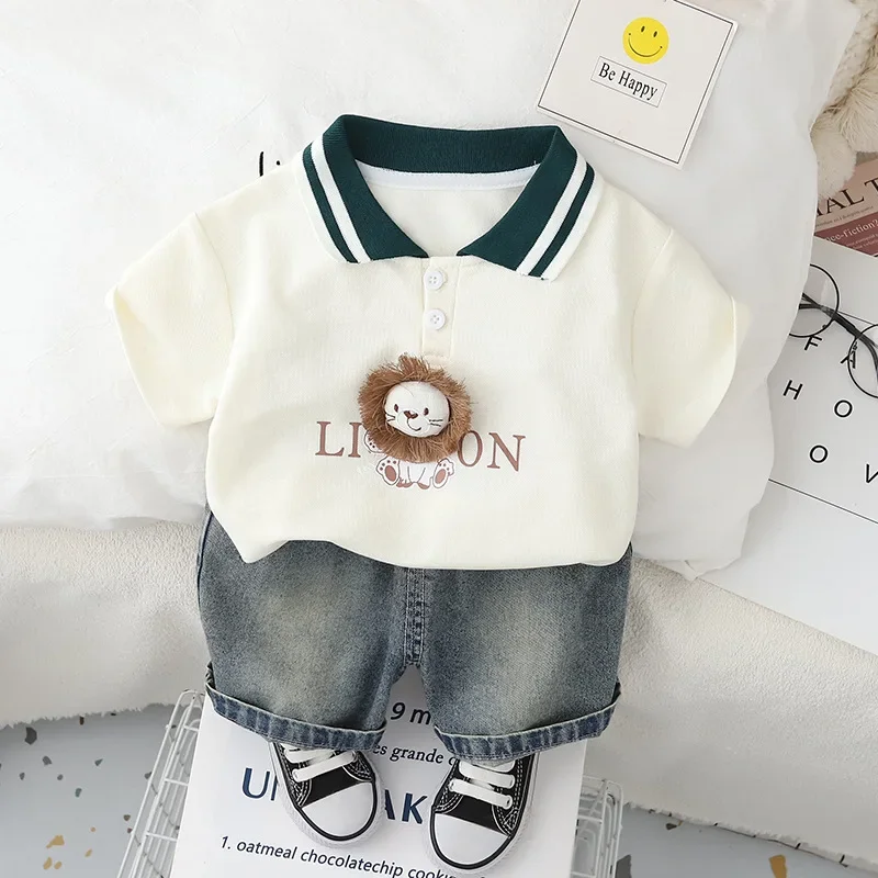 1-5 Years Boys Clothing Set Cute Cartoon Lion Pattern Lapel T-shirt + Short Jeans 2Pcs Outfit For Kids Children Present