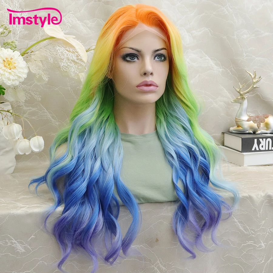 Imstyle Colorful Wig Synthetic Lace Front Wig Ombre Orange Green Blue Wigs For Women Long Wavy Wig Heat Resistant Fiber