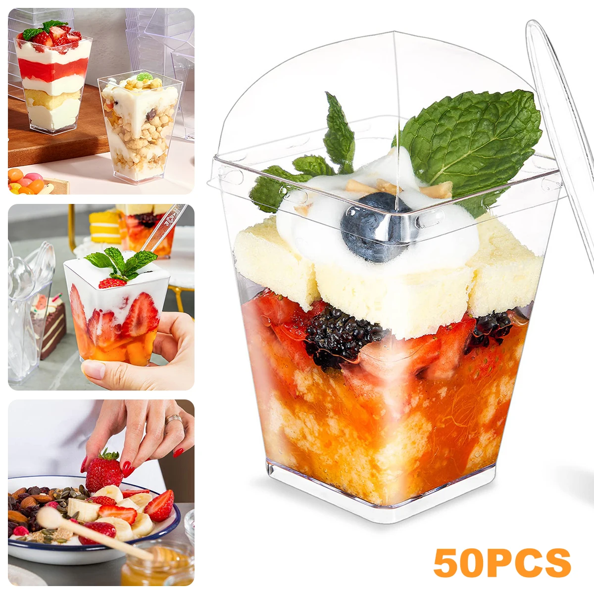 

50 шт., десертные чашки, 150 мл, квадратные чашки для десерта, моющиеся чашки для закусок, чашка для десерта, пластиковая чашка для десерта на Рождество