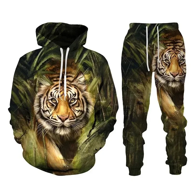 Setelan Hoodie pria, baju latihan motif hewan harimau 3D, baju Pullover lengan panjang, pakaian jalanan kasual ukuran besar musim gugur musim dingin kualitas tinggi