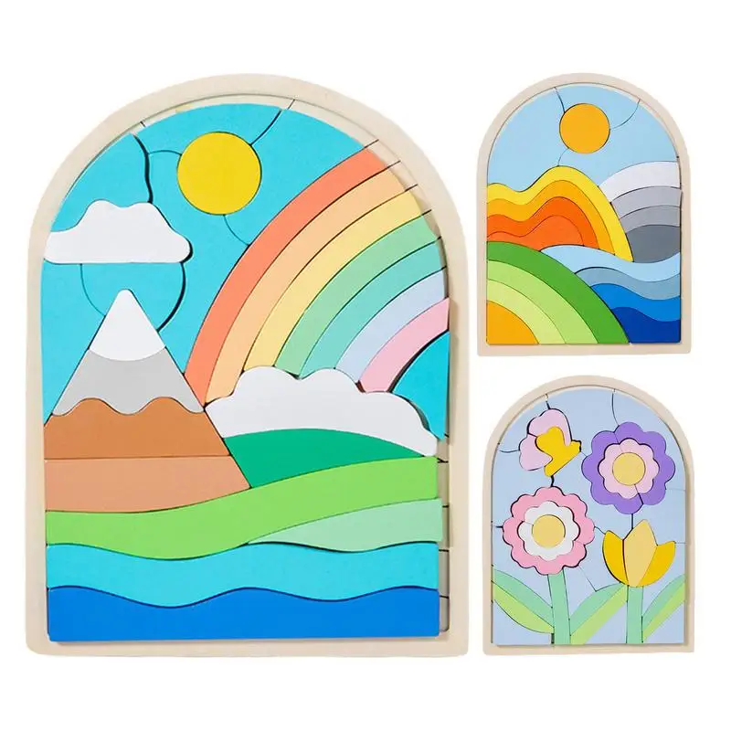 Rainbow Jigsaw Puzzle Rainbow Puzzle Montessori Matching Game Wooden Toddler Puzzles Educational Toys 3D Colorful Brain Teaser