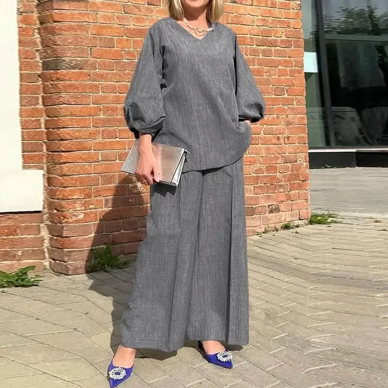 Pantaloni lunghi in vita elastica a maniche lunghe con bolle di moda autunnale Set da 2 pezzi Pantaloni lunghi a gamba larga allentati casual retrò Abito da ufficio da donna