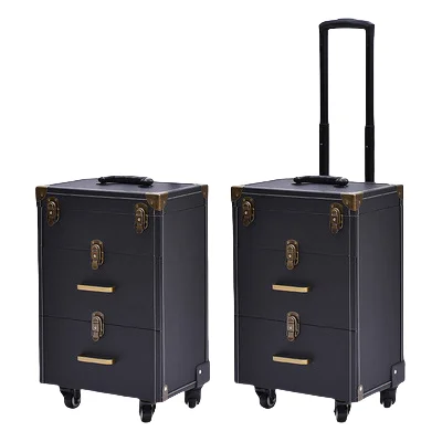 Professional modern rolling salon cosmetic trolley case with 4-wheel lockable design, PVC material, large capacity drawer