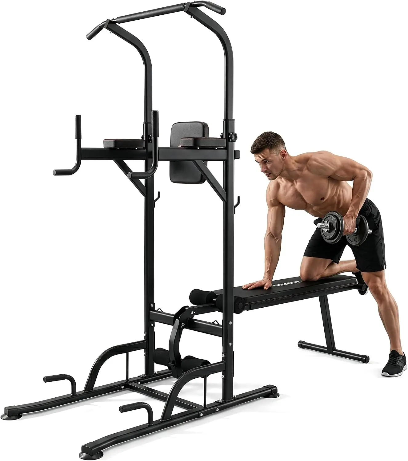 All-in-One Power Tower Pull-Up Dip Station with Chin-Up Bar Stand and Collapsible Bench for Home Gym Workouts and Bench Press