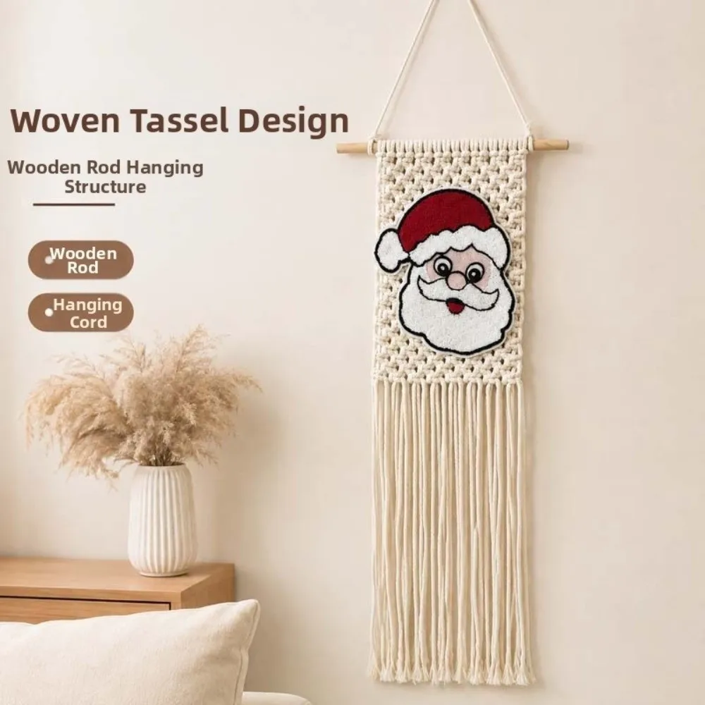 Bohemian Style Wall Decorative Tapestry Santa Claus Handwoven Macrame Wall Hanging Tassel Ornament Cotton Rope Tapestry