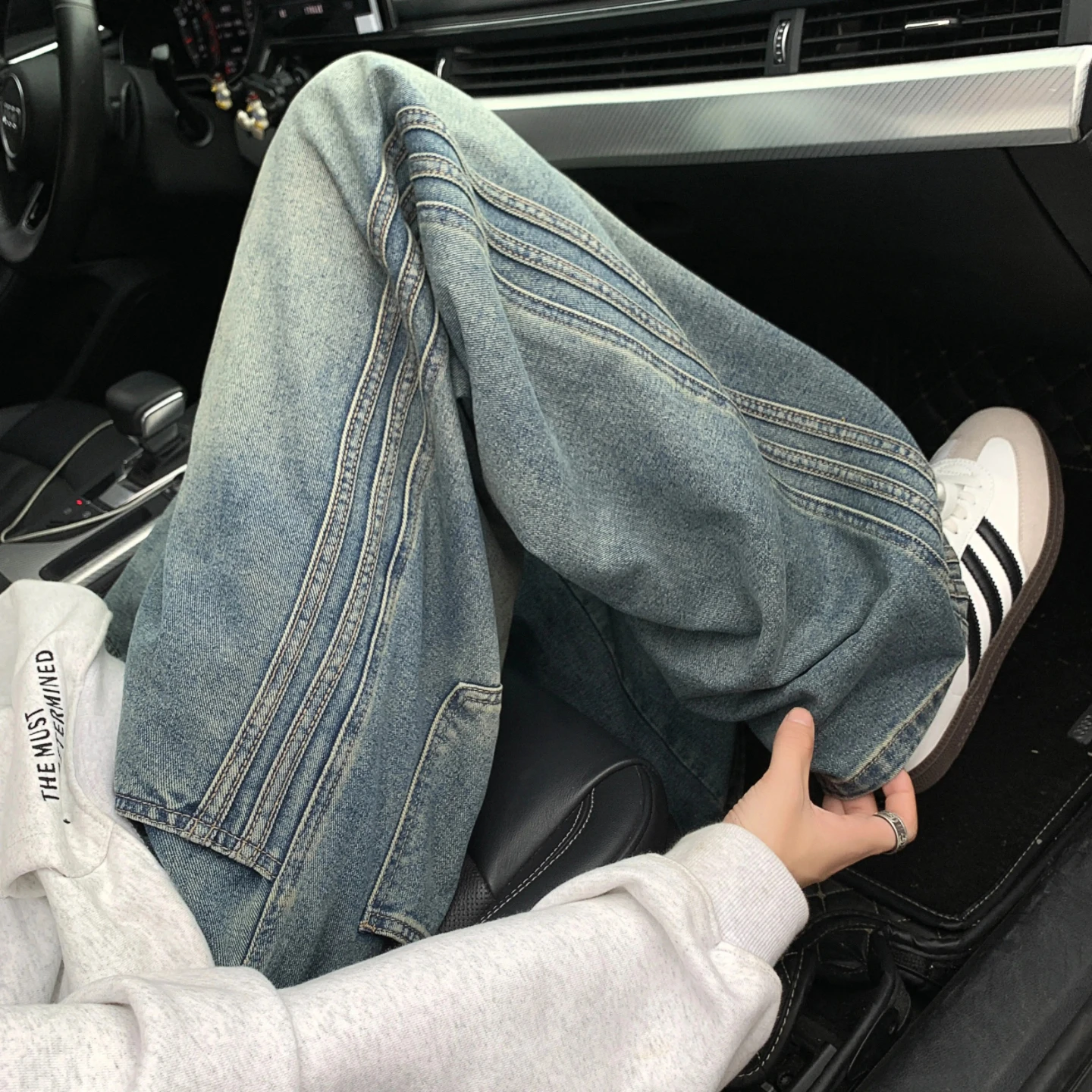 

Джинсы в американском стиле с эффектом пэчворк, мужские повседневные джинсы прямого кроя, свободные, на весну и осень, винтажные, из выстиранного денима.