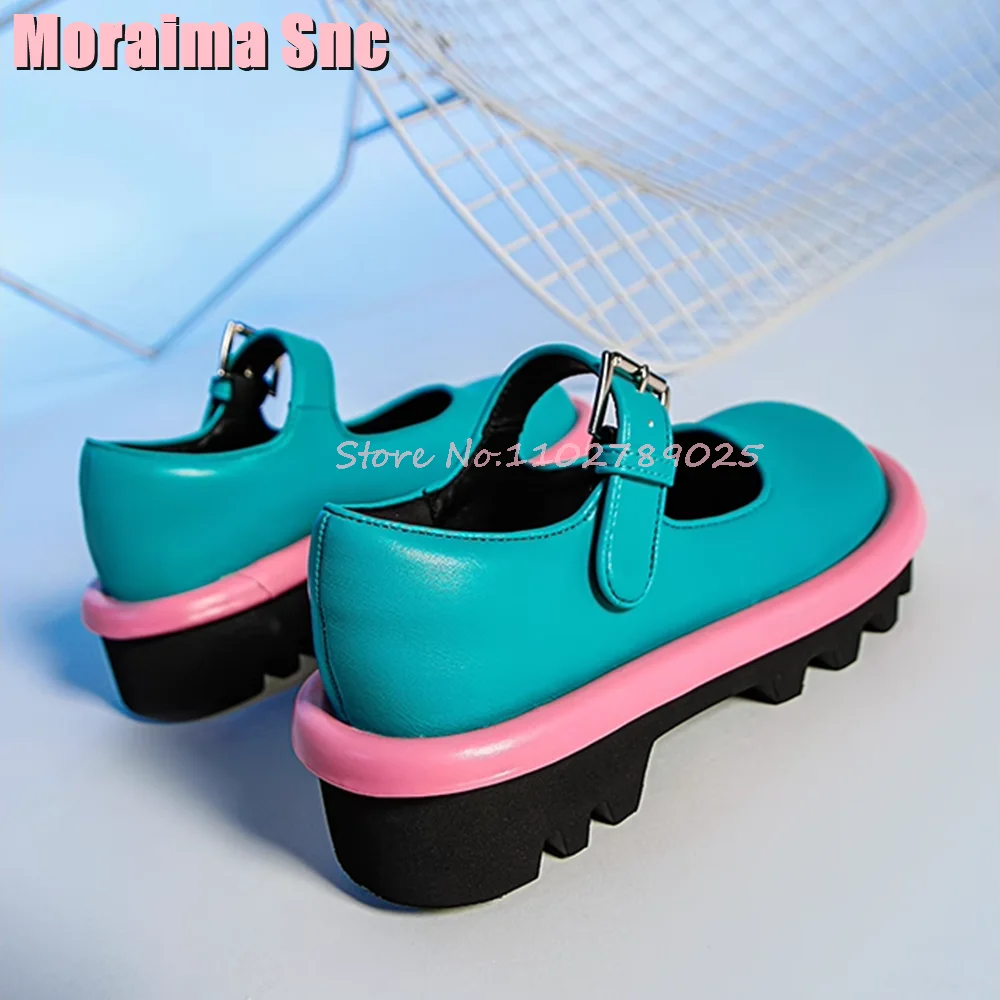 Mixed Colors Big Round Toe Mary Janes Shallow Thick-Sole Ankle Buckle Strap Block Mid Heel New Women Shoes Fashion Spring Autumn