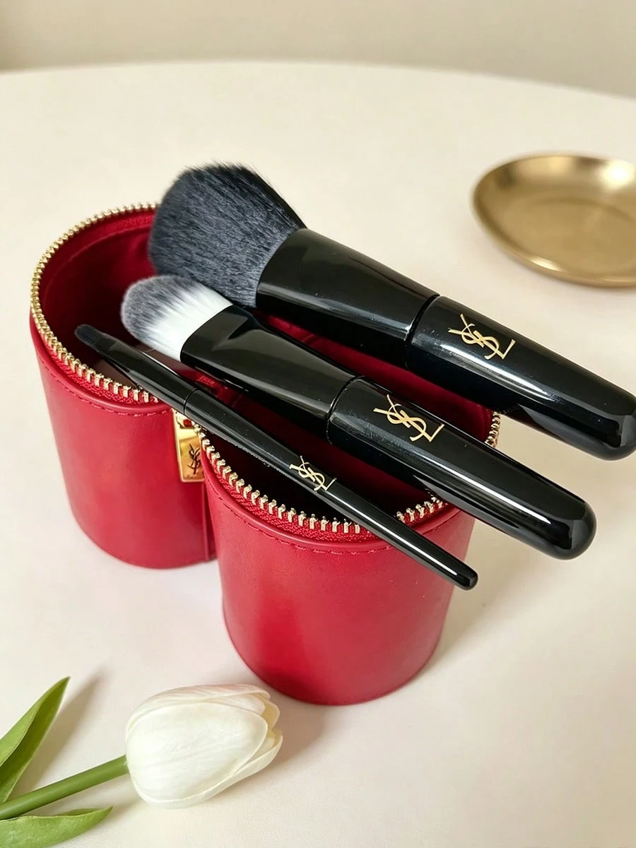 YSL Makeup Brush Set, Red Cylinder Case, Gold Zipper Faux Leather Holder, Portable Travel Beauty Brush Kit, Gift for Women