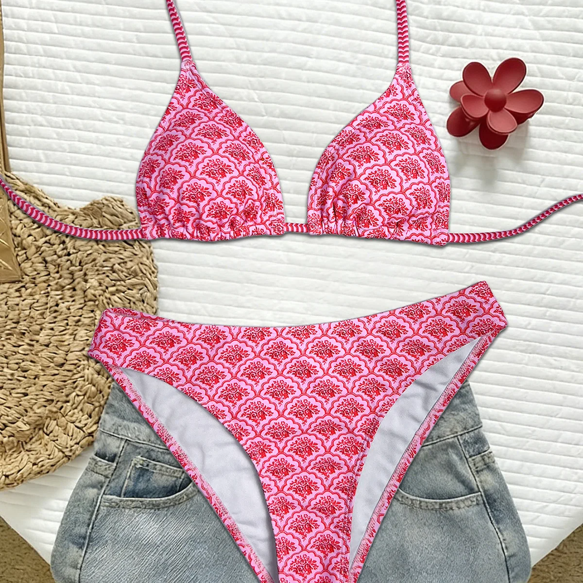 New Bikini Print Neck Strap Swimsuit Set Sexy Bikini Vacation Swimsuit for Women m