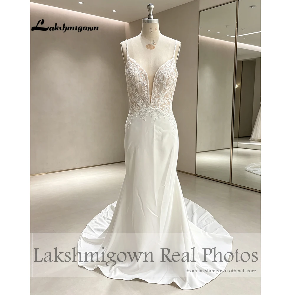 Lakshmigown Sexy V-Ausschnitt Spaghettiträger Meerjungfrauen-Hochzeitskleider Echte Fotos Spitzenapplikationen Weicher Satin Brautkleider Nach Maß – Detail 5