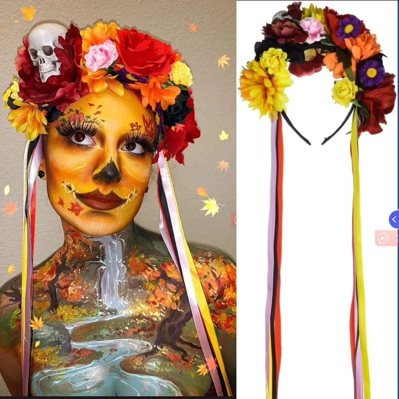 Mexican Flower Crown Headband Halloween Cinco De Mayo Party Costume Dia de los muertos Headpiece