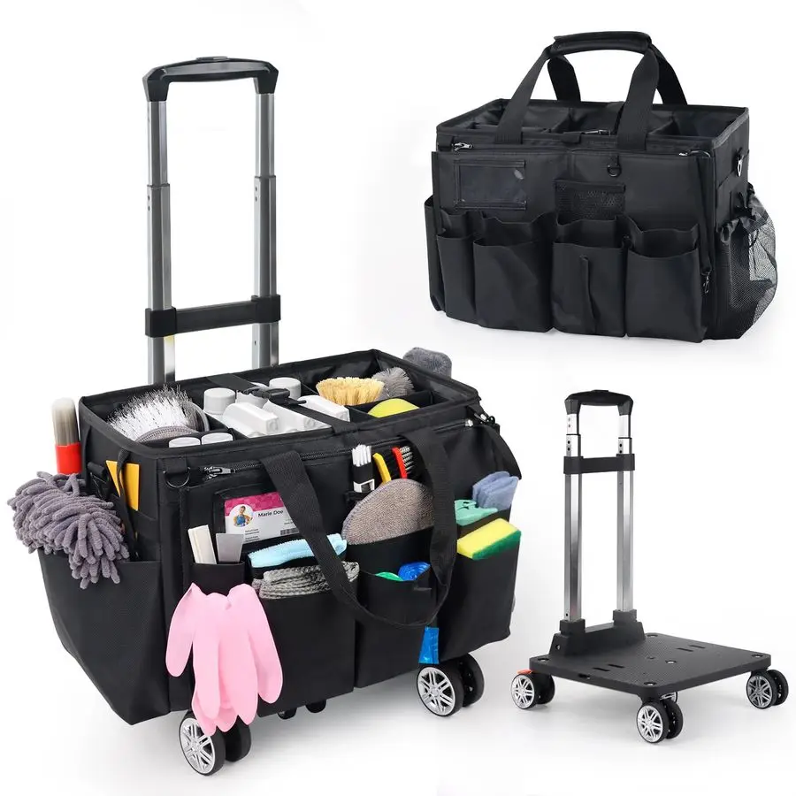 

Cleaning Caddy Bag with Detachable Trolley, MultiFunctional Portable Cleaning Cart Supplies Organizer for Housekeeping and Domes