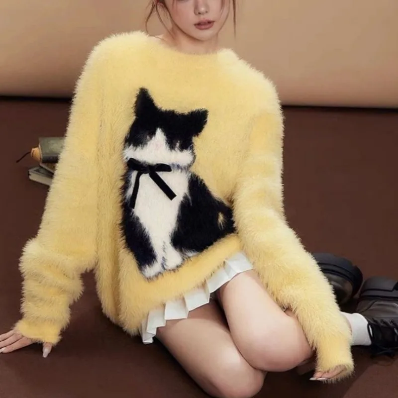 New Mink-like Round Neck Lazy Women's Autumn and Winter Sweater Loose Sweater Cat Shoulder Soft Waxy Top