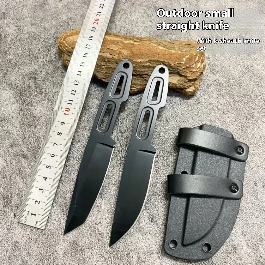 Cuchillo recto pequeño para exteriores, cuchillo de supervivencia en el desierto, cuchillo portátil de autodefensa de una sola pieza con cuerda de paracaidista, multifunción