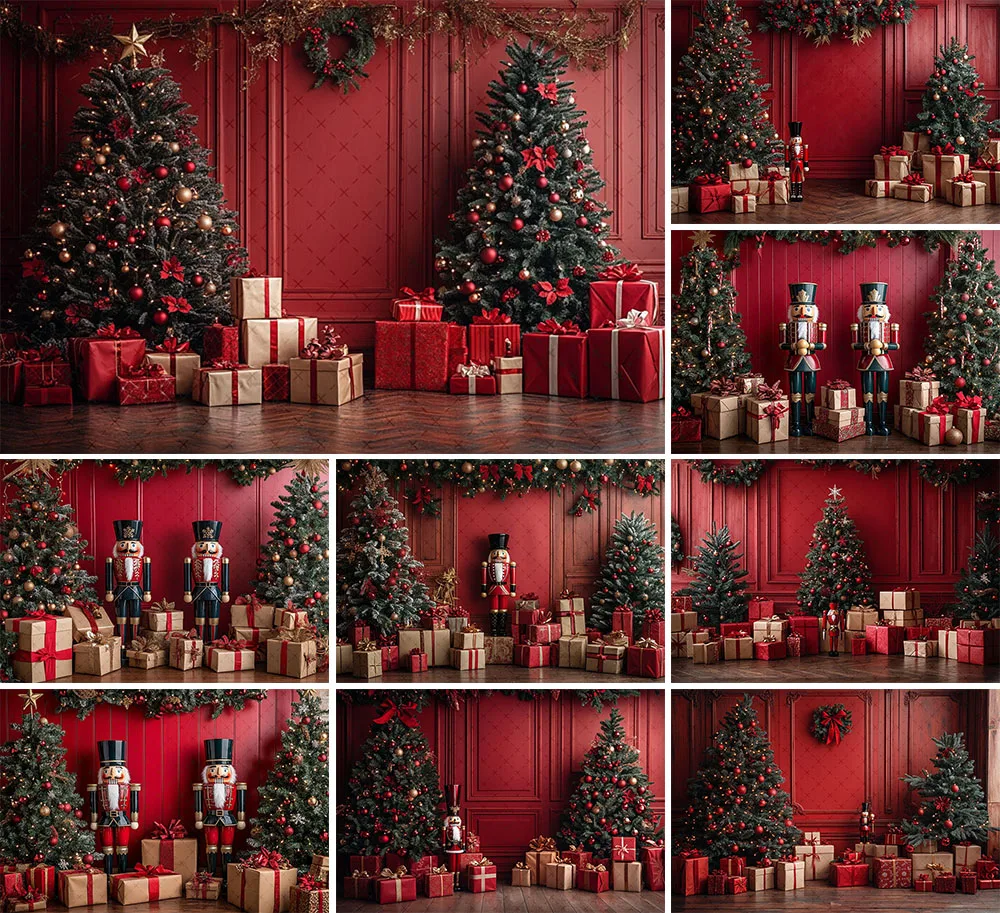 mehofond-fotografia-fundo-inverno-natal-painel-vermelho-parede-presente-arvore-de-natal-criancas-familia-retrato-decoracao-pano-de-fundo-estudio-foto