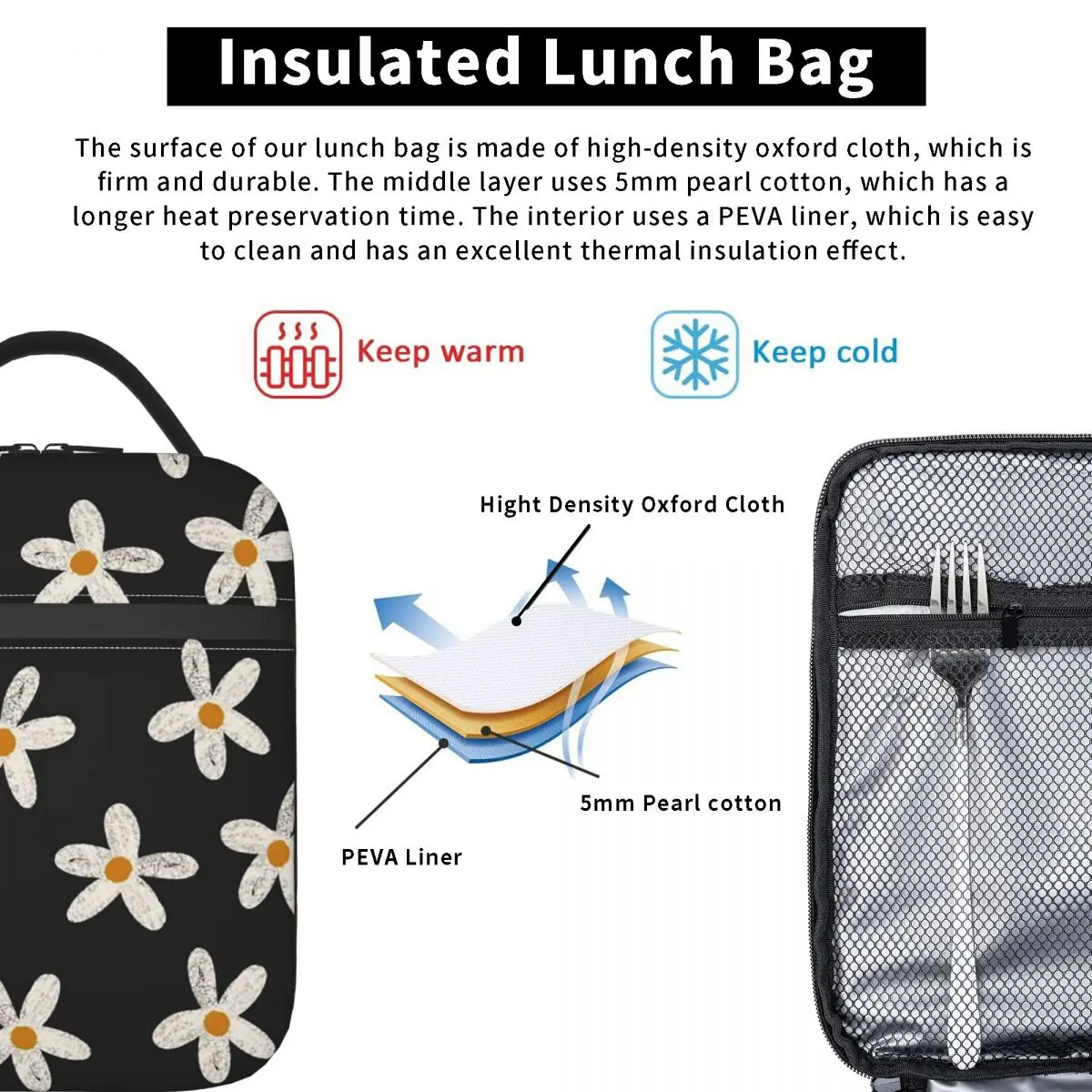 Cartoon Black And White Daisy Pattern Insulated Lunch Bag for Women Children Portable Food Boxes Thermal Lunch Box Tote