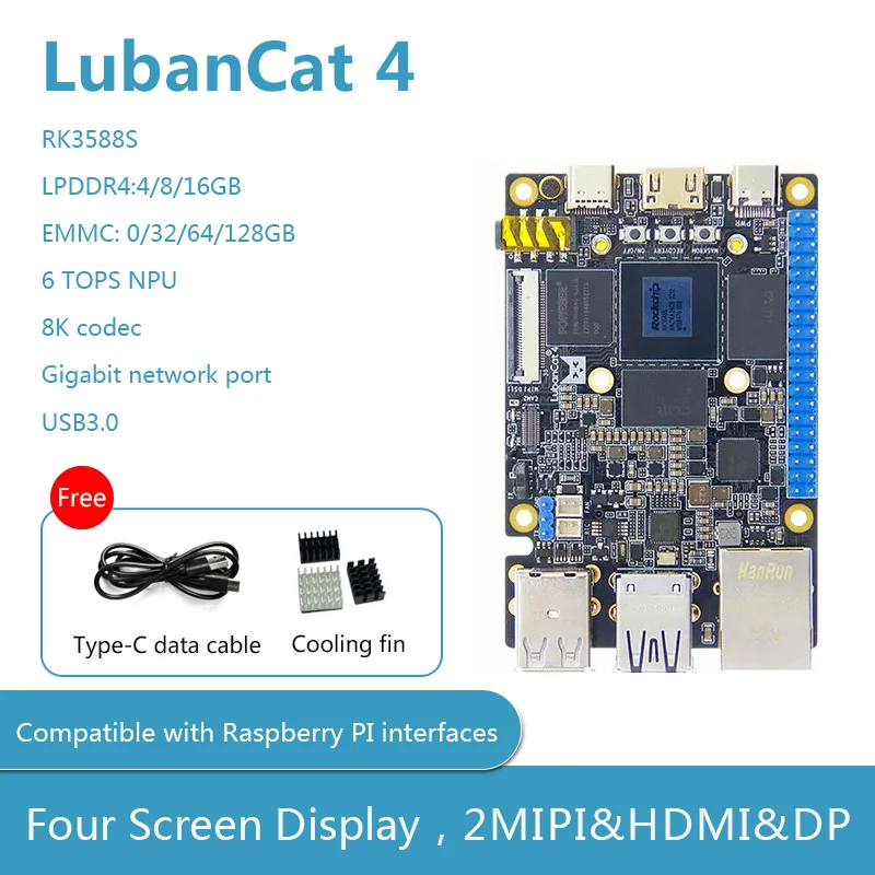 LubanCat 4 Development Board RK3588S 6 TOPS NPU 8K Codec Gigabit Network Port USB 3.0 Compatible with Raspberry Pi Interfaces