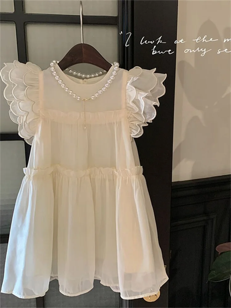 Vestido de Seda Fino para Meninas, Novo Estilo Primavera Verão, Cor Branca e Saia Fashion para Meninas Pequenas