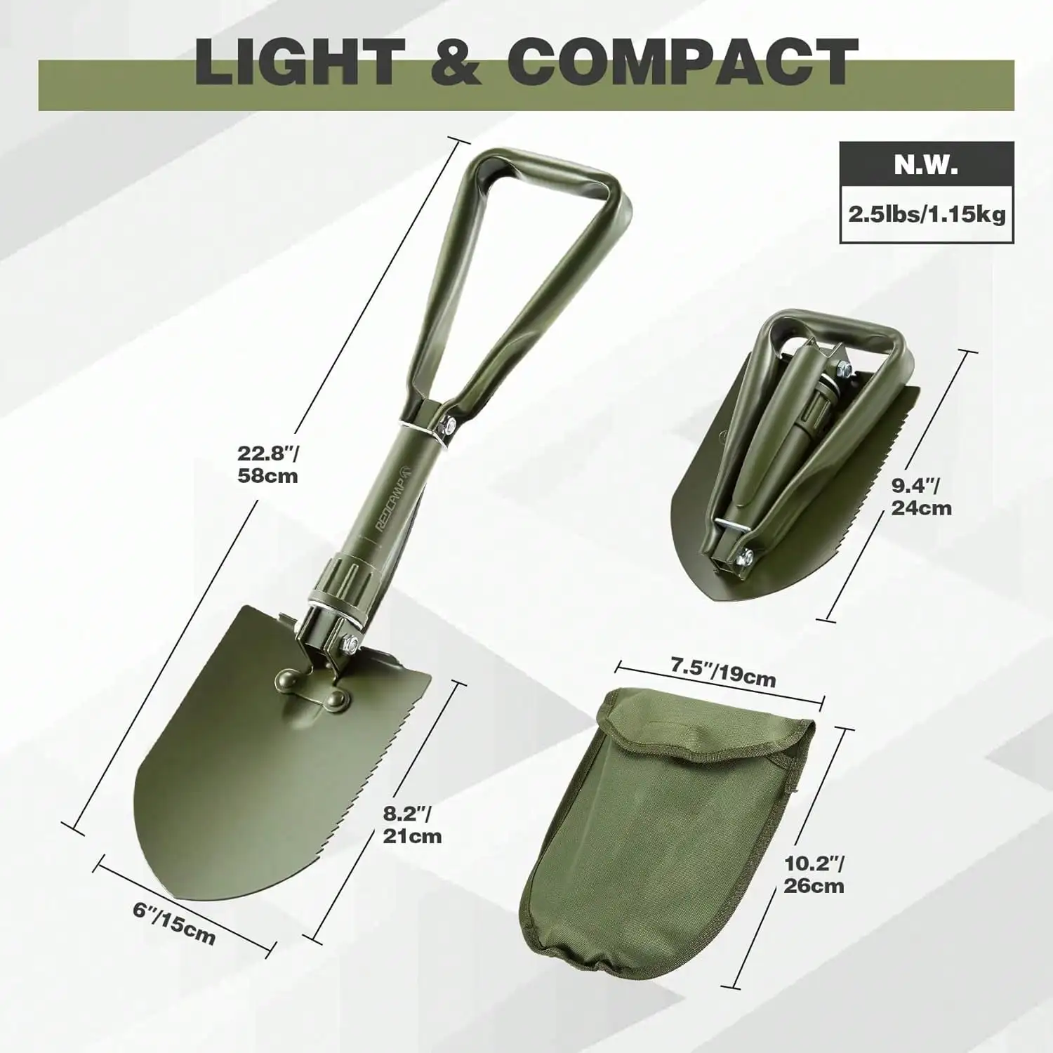 23 Inch Folding Camping Shovel With Cover, Portable Utility Shovel With Reinforced Heavy Duty Steel, Tri-Fold Handle Tool Shovel For Gardening Camping Hiking Sand Mud Snow Beach, Green 2.5Lbs