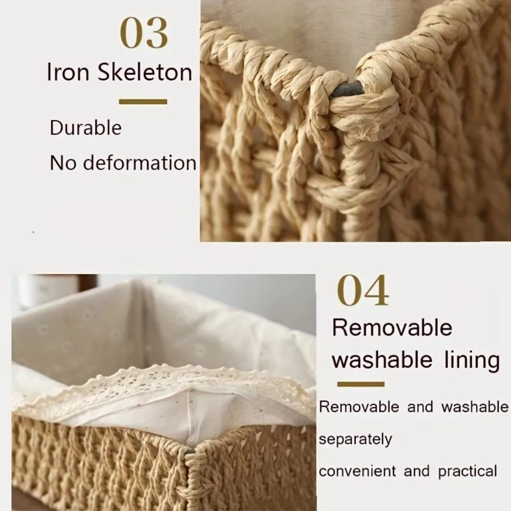 With Removable Lace Lining Woven Storage Basket Multifunctional Large Capacity Desktop Sundries Organizer Rectangle Shape