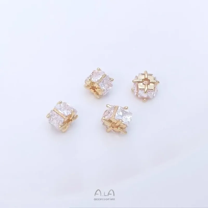 14K Gold Color Inlaid With Four-sided Zirconium 6mm Square Beads, Handmade DIY Bracelet, Earrings, Jewelry Accessories.