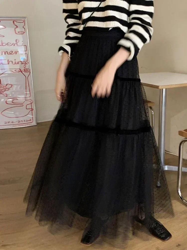 Korobov Polka Dot Gauze A-line Skirt Female Summer Long Temperament Shaggy Skirt Sweet Cake Long Dress Fashion Faldas A353