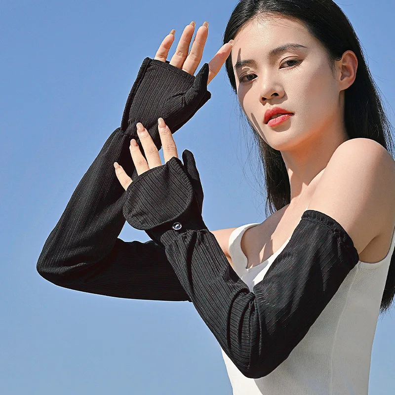 New Women Ice Sunscreen Gloves Female Summer with Fingers All-inclusive Sleeve Arm Guard Gloves Driving Ice Silk Loose Sleeves