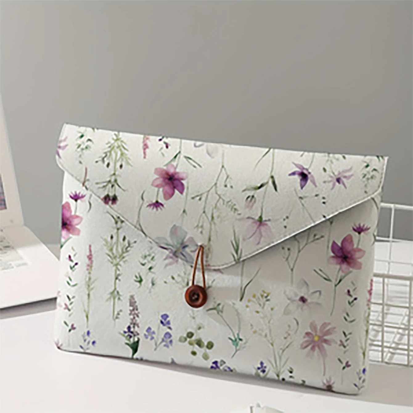 Watercolor Purple Wildflower Print Envelope Laptop Sleeve Button Closure Shockproof Notebook Protective Bag For Travel Office