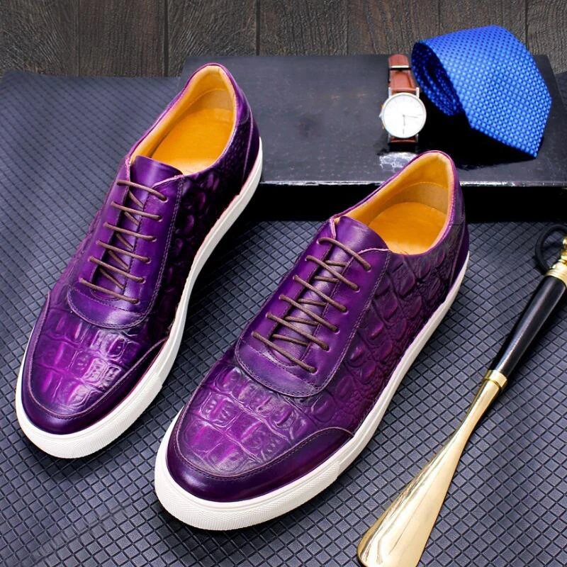 Luxury purple casual leather shoes brown men's cowhand crocodile embossed purple black men's plate-size flat sneakers A19