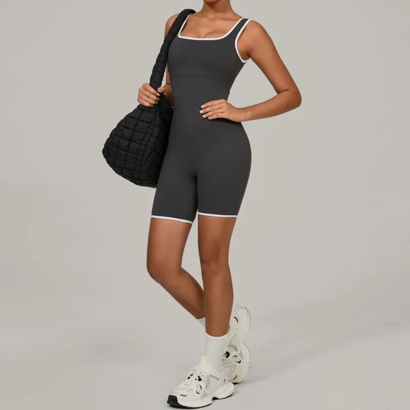 

Women's Color Block Yoga Jumpsuit - Fashion Wide Collar Backless Sports Bodysuit for Gym Running Outdoor Fitness Workout