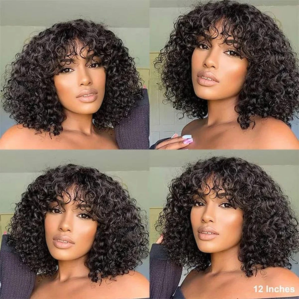 Peruca Curly Kinky Curly Bob com Franja para Mulheres, Perucas de Cabelo Humano Onda de Água, Glueless, Máquina Completa Feita