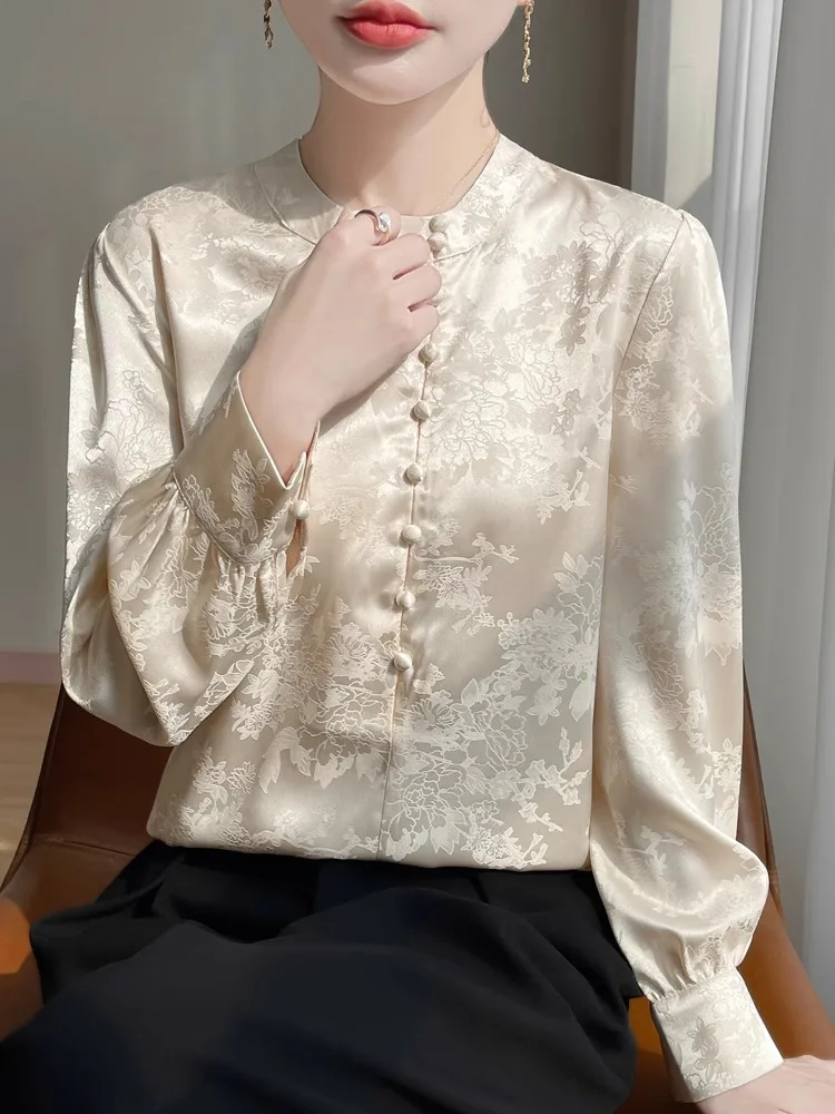 Spring 2025 New Sle Chinese National Faion Satin Print irt Long Sve Versatile Faionable Button up High End Feeling