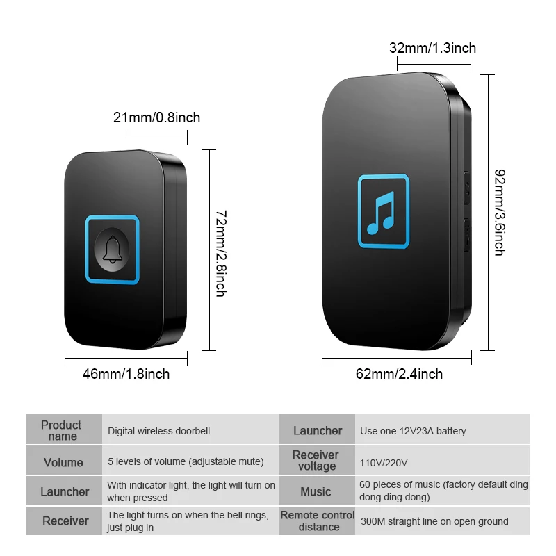 Intelligent Wireless Doorbell 300M Range 5-Volume Outdoor Waterproof Doorbell Samrt Home Welcome Door Chime Kit EU US Plug