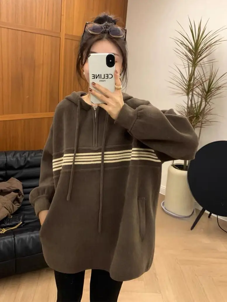 

Женская толстовка больших размеров, повседневная, с длинными рукавами, утепленная, осенне-зимняя, удобная, свободного кроя, модная, в уличном стиле