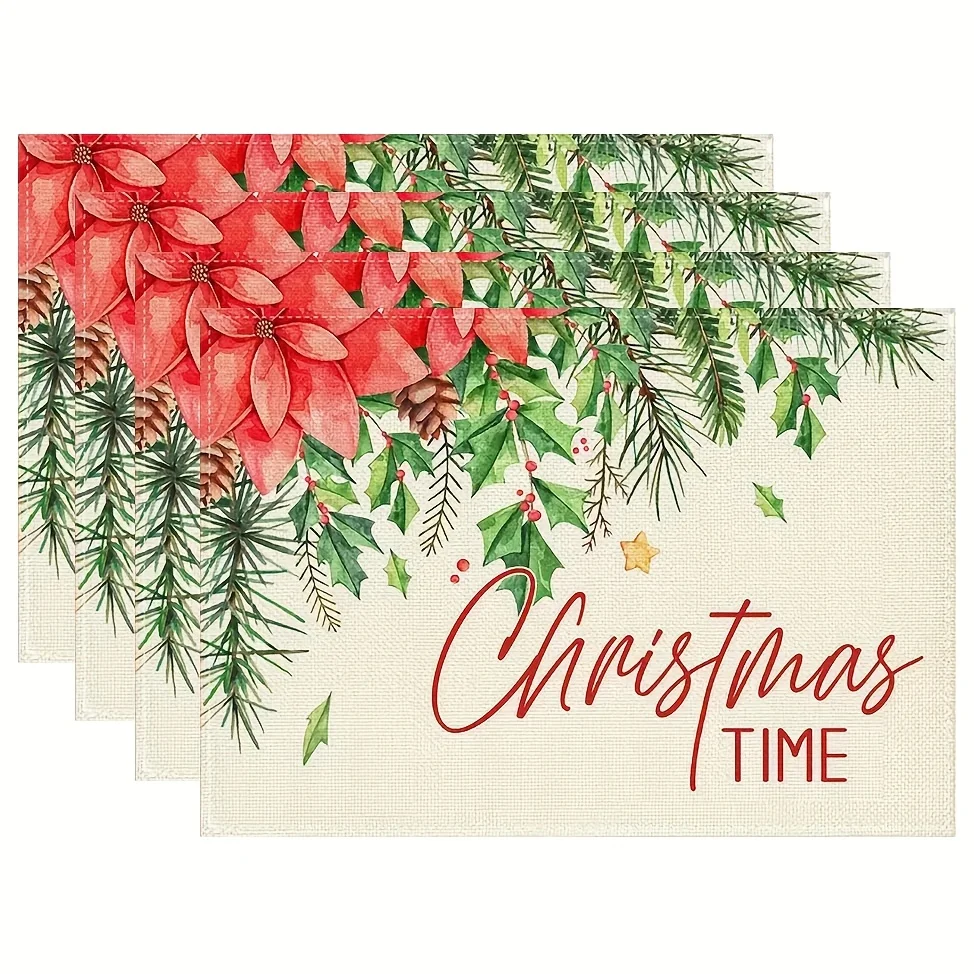 Poinsettia Christmas Placemats Watercolor Floral Table Decor Pinecone Theme Holiday Gathering Winter Indoor Dining Table Gift