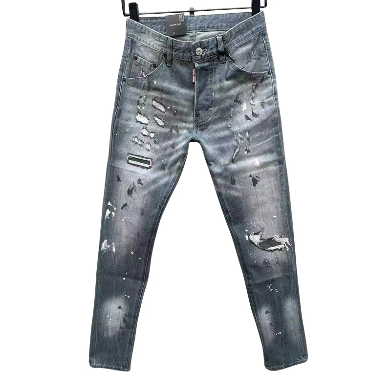 100 chareiharper c063 Street fashion men's jeans Fashion hanging adornment swing paint slim print small feet mid-waist pants men