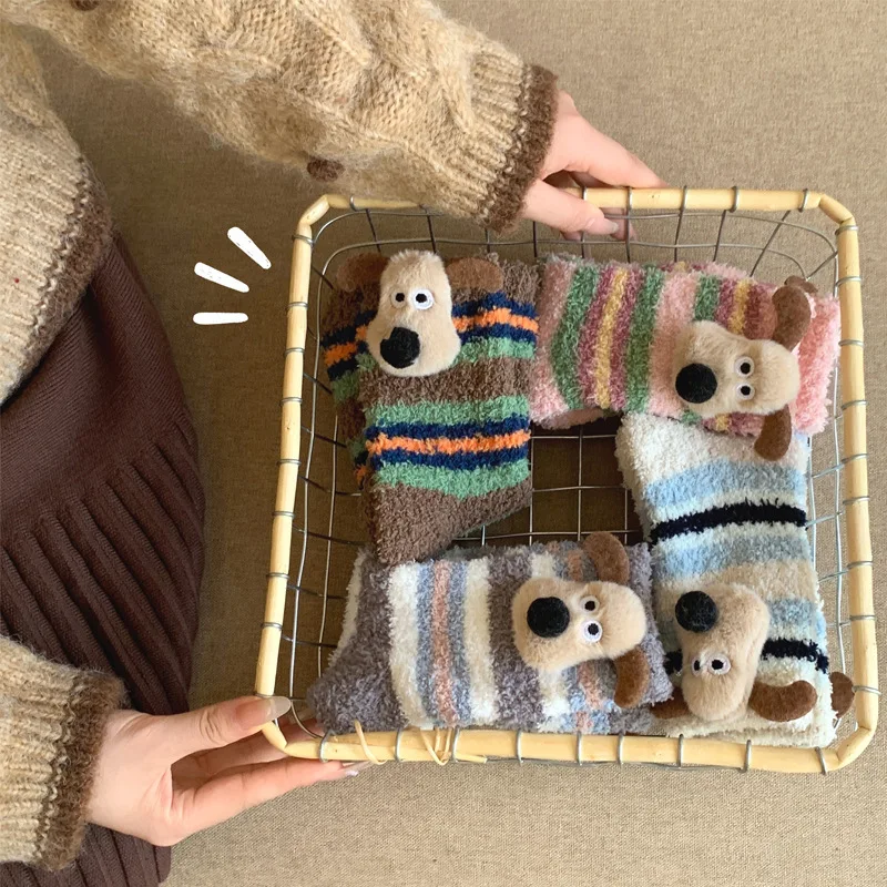 Cute dog Korean Coral fleece Socks Thick Women Winter Warm Long Sock Home Sleep Plush Socks Harajuku Stripe Girl Sokken Sox