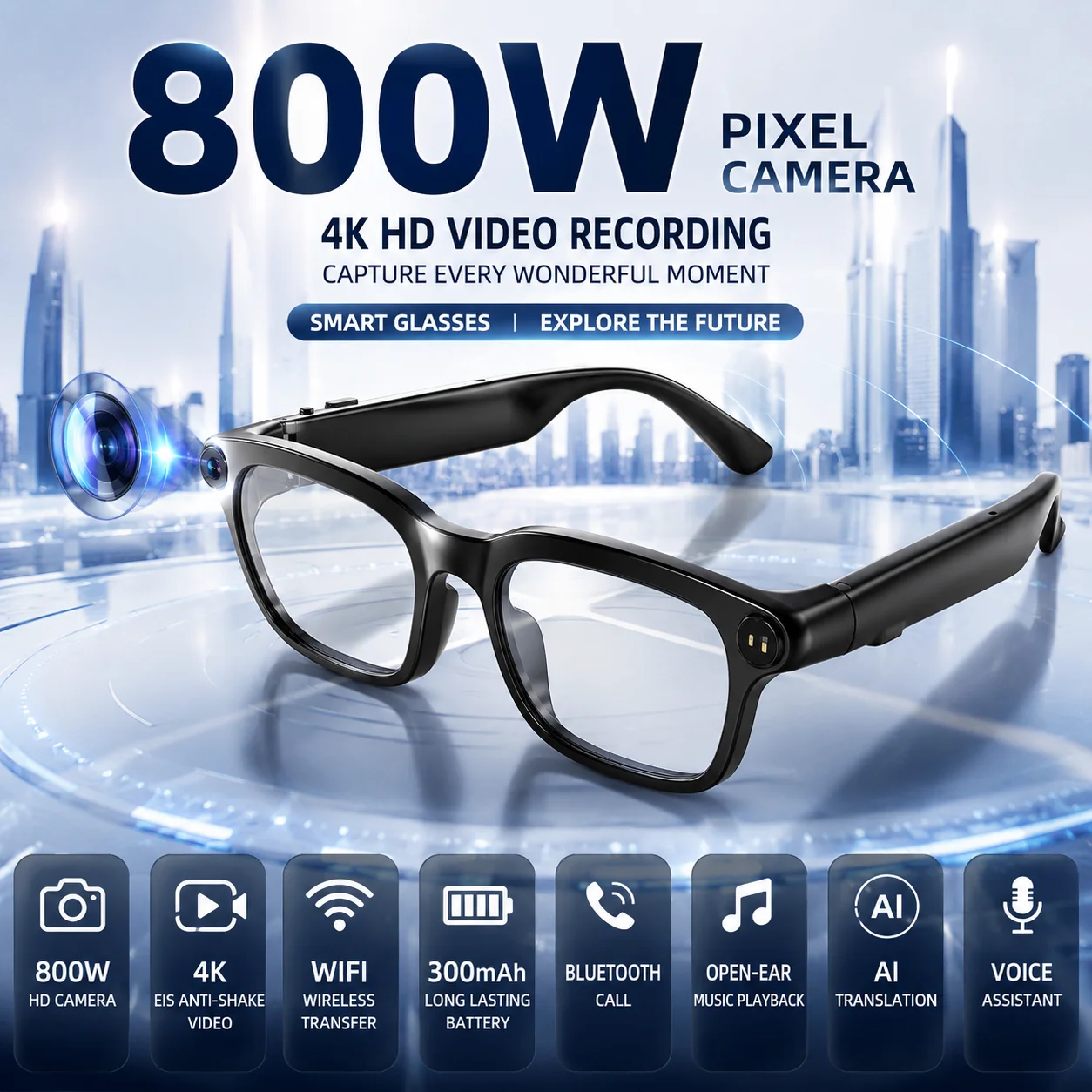 Óculos inteligentes LIGE New 800W Pixels com câmera, gravação de vídeo, chamadas Bluetooth, bateria de 300mAh, controle por assistente de voz e óculos de sol inteligentes.