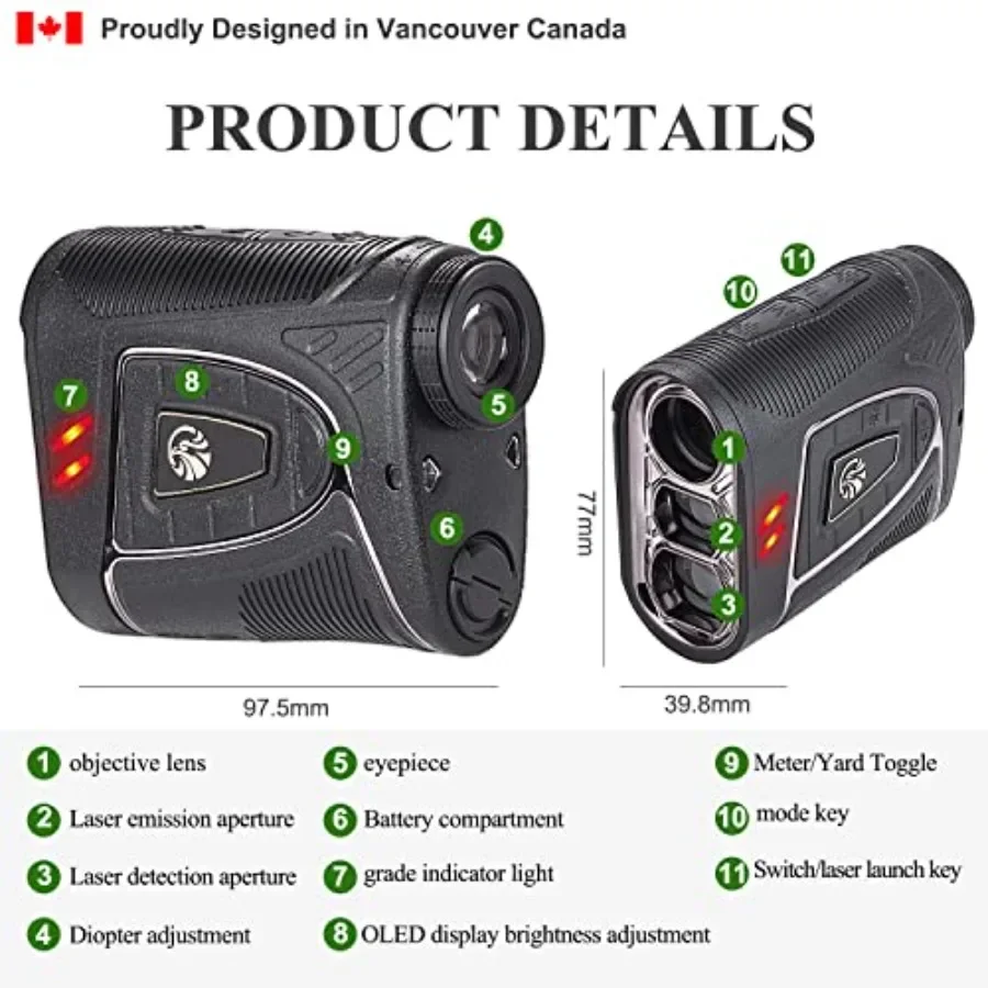 Hoge precisie hellingmodus met scanfunctie voor golfafstandsmeter Pole Vlagvergrendeling en trilwaarschuwing tot 2500 meter OLED Di