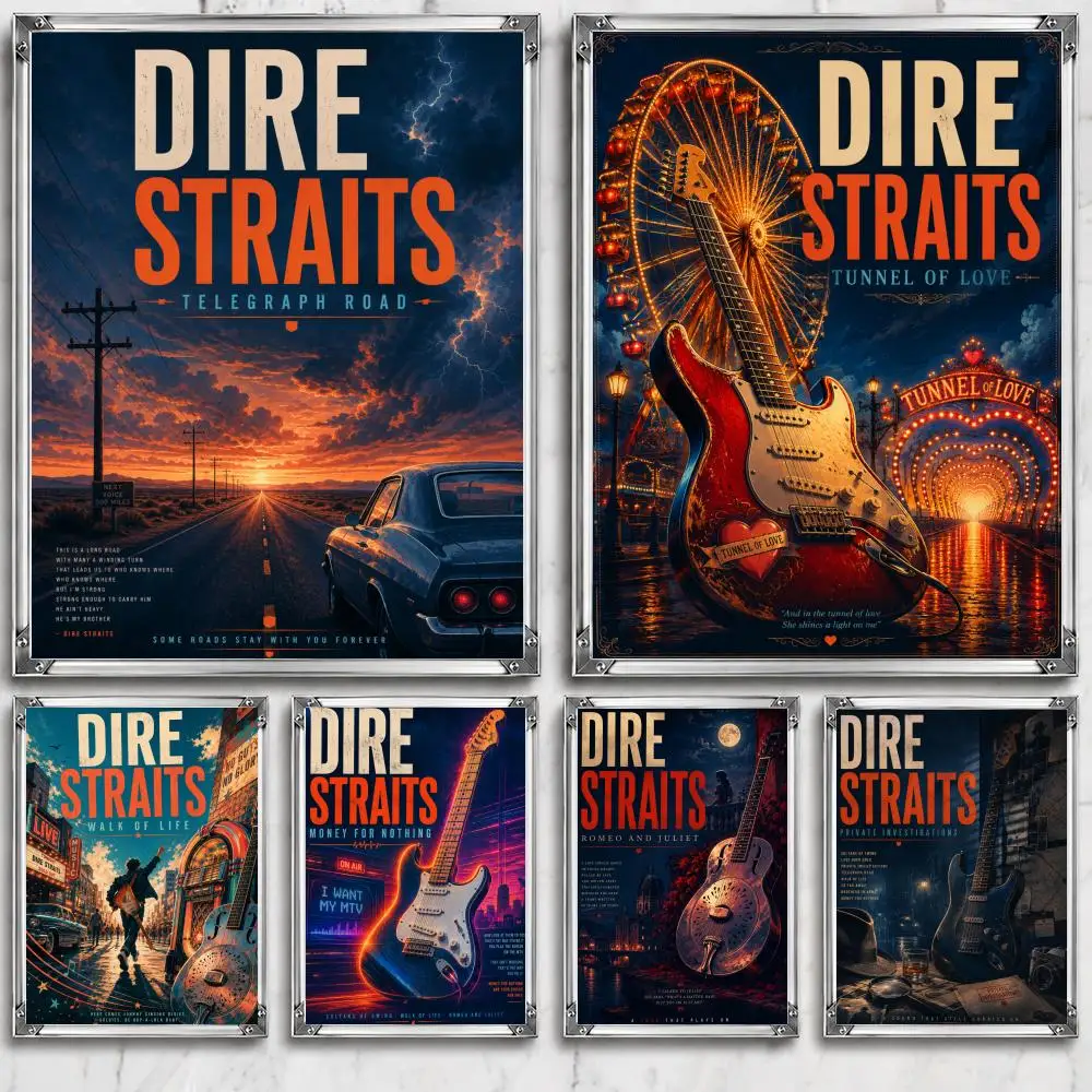 Vintage band D-Dire S-Straits Poster Self Adhesive Wall Decor Waterproof Removable for Bedroom Living Room bar Gift