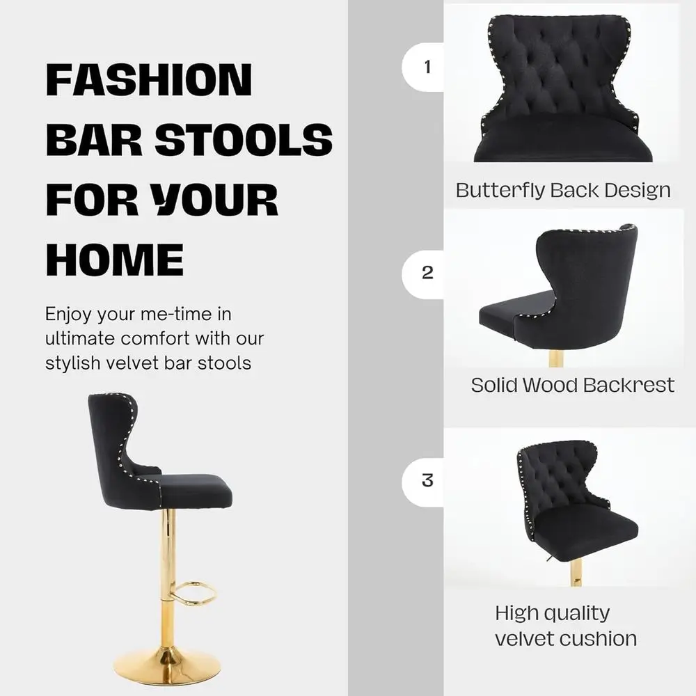 Пара вращающихся барных стульев с бархатным покрытием, золотыми ножками, отделкой в виде гвоздя и подставкой для ног для кухонного острова, домашнего бара, столовой,