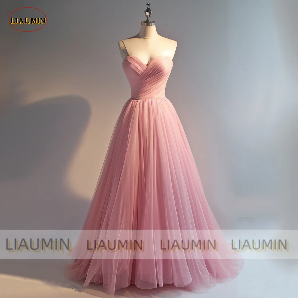 

Simple Pink Tulle Evening Prom Dress Pleat A Line With Sash Lace Up Back Wedding Formal Occasion Lace Up Back Custom A1-13.8