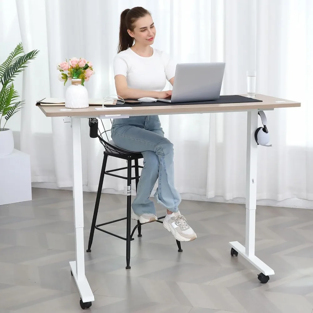 Scrivania elettrica regolabile con ruote, scrivania Sit-Stand a doppia traversa 63 x 24, tappetino per mouse incluso, altezza 27-46