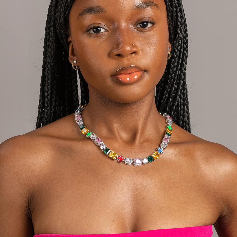 

UWIN Iced Mix красочный комплект ожерелья/браслета с кубическим цирконием для женщин и мужчин модный комплект ювелирных изделий с зубцами AAA Baguettecz