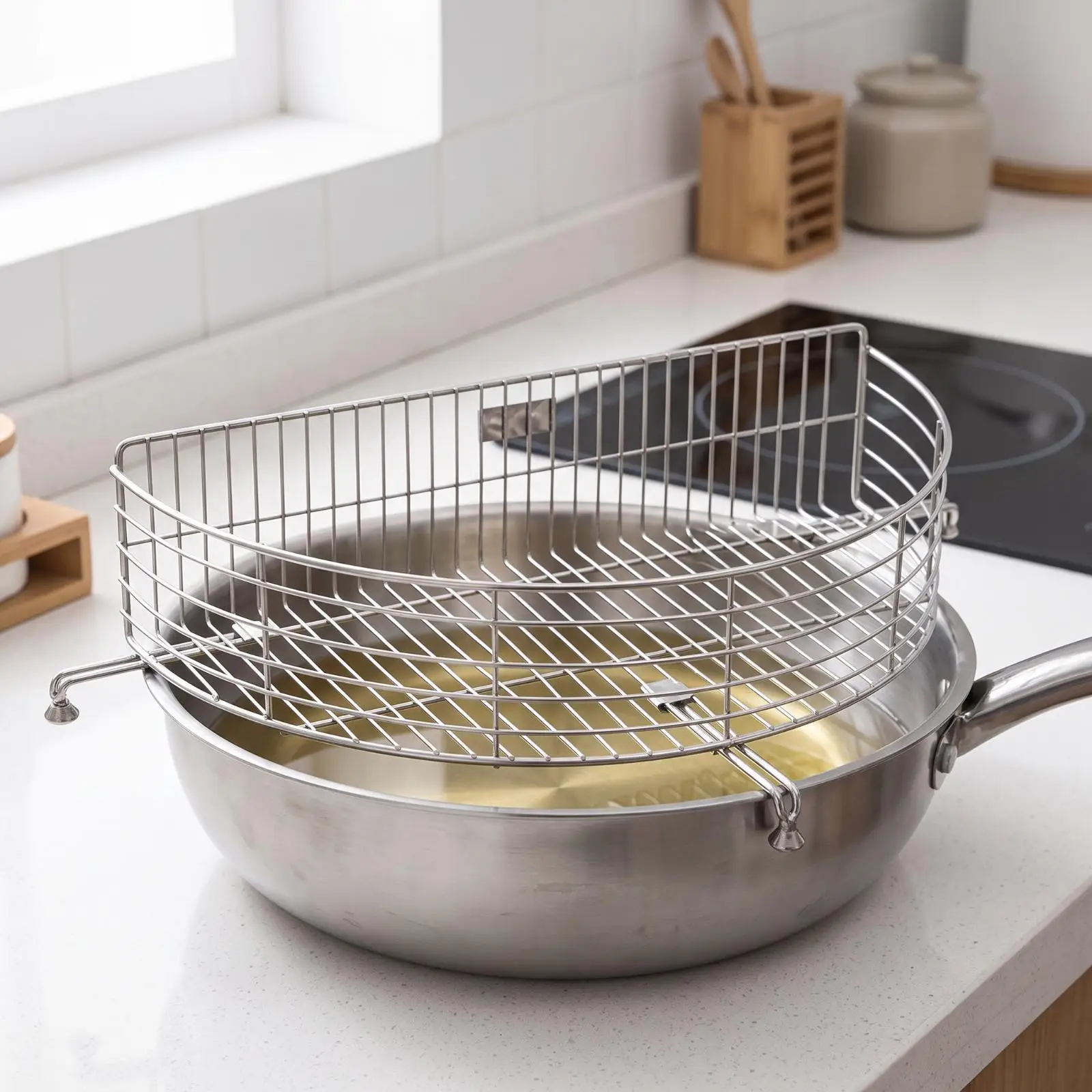 Deep Frying Oil Drip Tray Basket Stainless Steel Semicircular Drain Rack for Hot Pot Skillet
