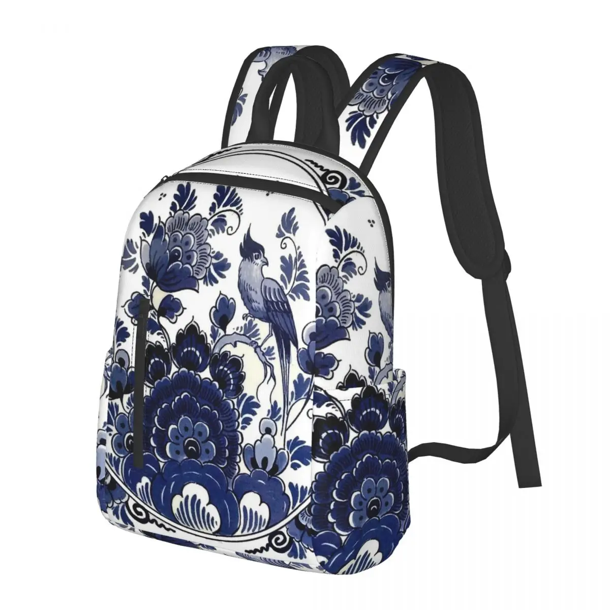 DUTCH BLUE DELFT Vintage Blue Bird And Flowers Print Student Backpack School Bag Hiking Travel Daypack for Men Women