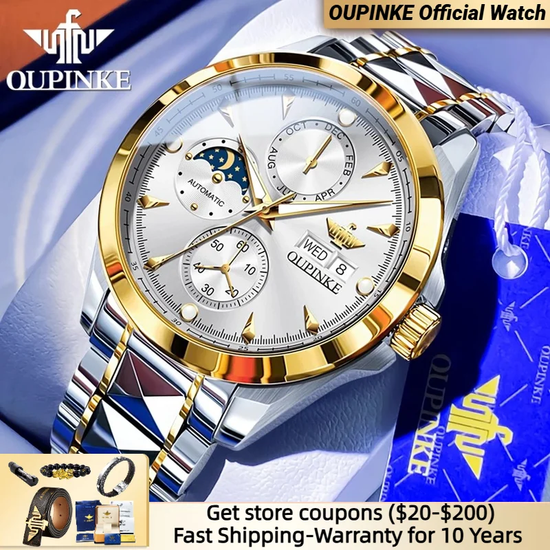 

OUPINKE 3299 Original Brand Men's Automatic Mechanical Watch Luxury Waterproof Tungsten Steel Business Moon Phase Men Watch NEW