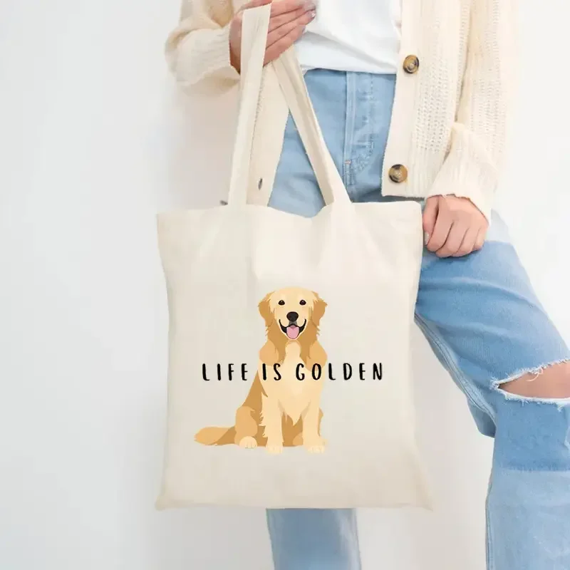 

1pc Golden Retriever "Life Is Golden" Canvas Tote Bag- Perfect for Casual Outings,Dog Lover Gift|Golden Retriever Print Handbag